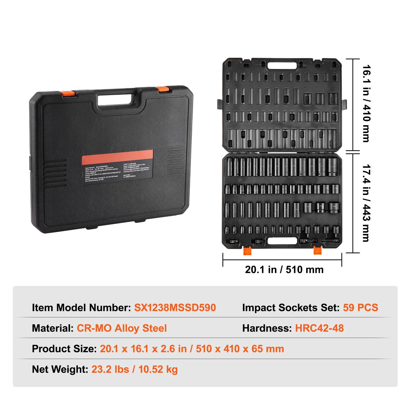 Zaverox 59PCS 3/8" & 1/2" Drive 6 Point Impact Socket Set, SAE 5/16" to 1-1/4" Metric 6-32mm Cr-Mo Alloy Steel Socket Kit with Storage Case