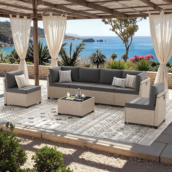 STARY 7 Pieces Rattan Outdoor Conversation Set, Patio Sectional Furniture Set with Glass Coffee Table, Grey