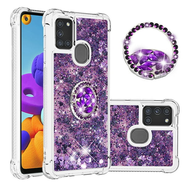 Funda para Samsung Galaxy A21S con Brillo Líquido Flotante, Purpurina, Parachoques y Anillo Giratorio Soporte
