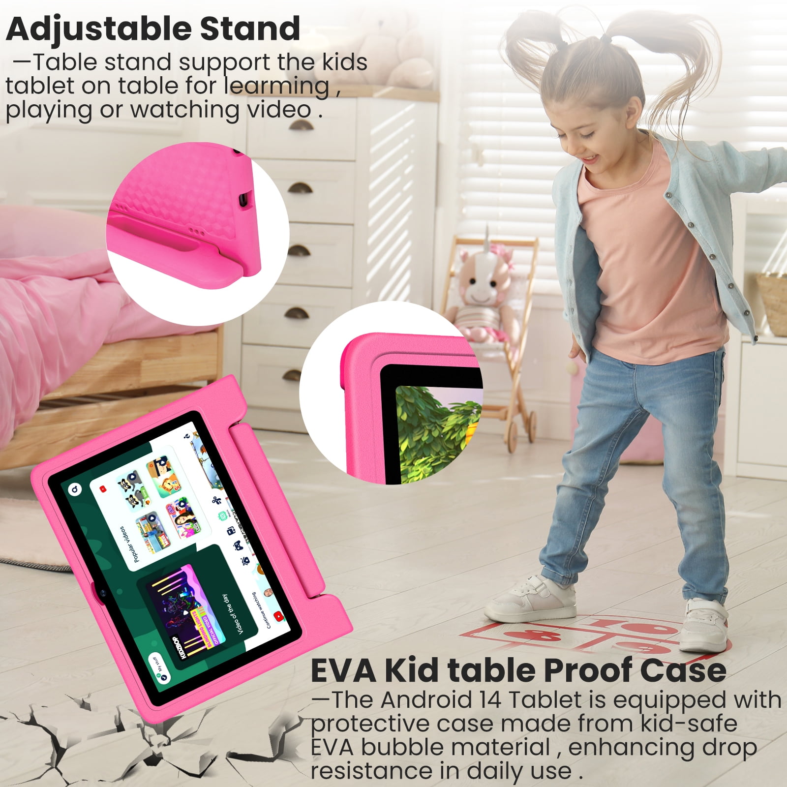 10.1-Inch Kids Tablet, 8GB+64GB, Android 14, 8-Core CPU, Educational Apps, Parental Controls, WiFi, 1280x800 HD Display, Cameras, Shockproof, Long Battery Life