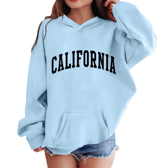 Telankuip Oversized Hoodies for Girls Trendy California Letter Printed Pullover Hooded Sweatshirts Long Sleeve Casual Loose Drawstring Pullover Tops Kid's Workout Preppy Style Sky Blue 11-12 Years