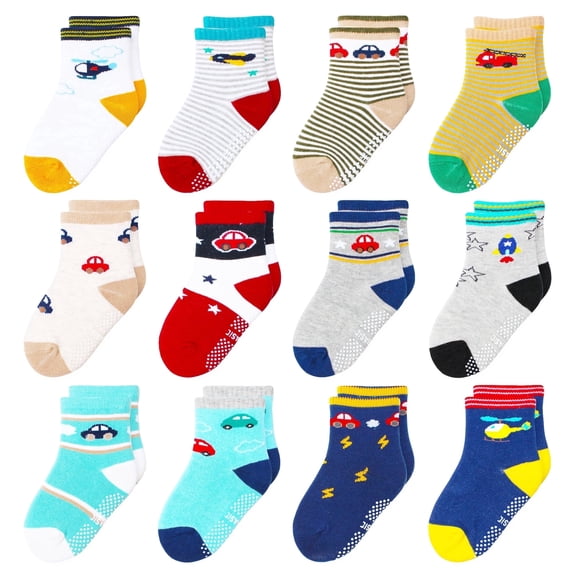 VGMiu Toddler Socks Baby Non Slip Cotton Crew Sock with Grips for 1-7 Years Boys Girls Kids 12 Pack Multi Colors