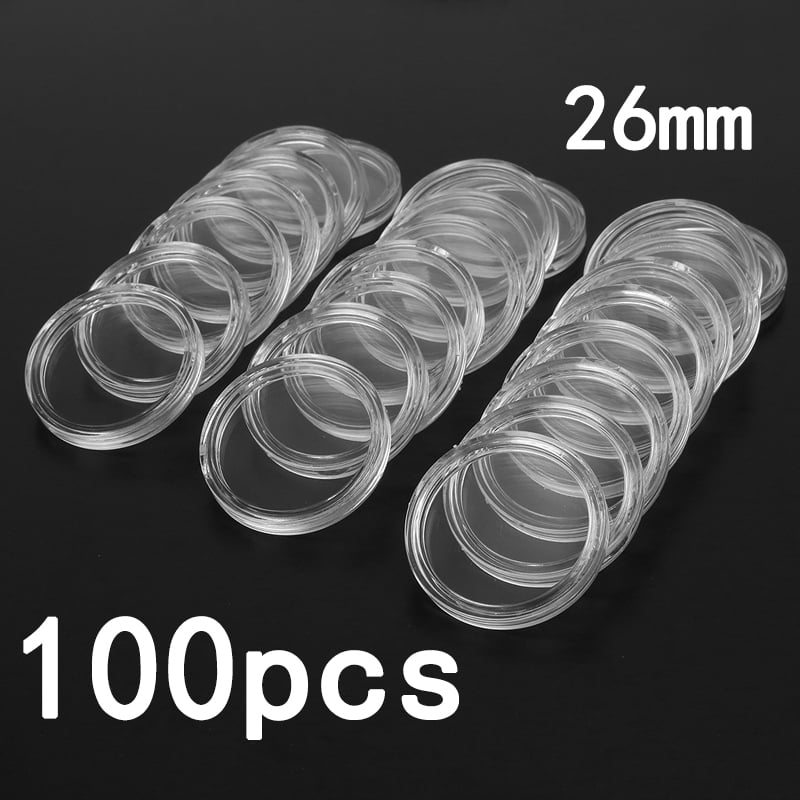 100 Pcs 27mm Clear Round Plastic Coin Holder Capsule Container Storage Case Box 