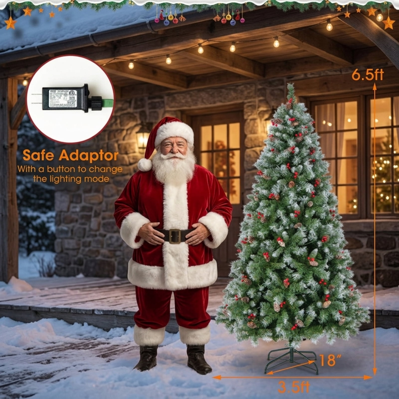 RUIE 6.5 ft Hinged Christmas Tree, Pre-Lit Green White Artificial Xmas Tree with 420 LED Lights, 909 Branch Tips and Pine Cones
