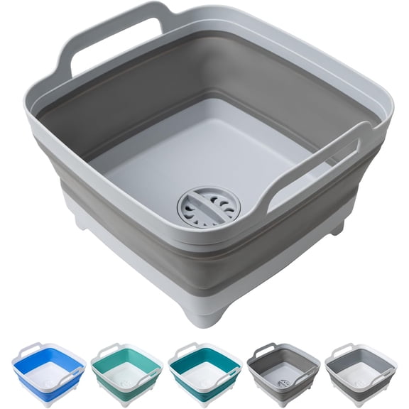 Dishpan for Washing Dishes, 2.4Gal/9L Wash Basin with Draining Plug Carry Handles, Collapsible Bucket for Cleaning, Portable Sink, Foldable Plastic Tub, 1PC