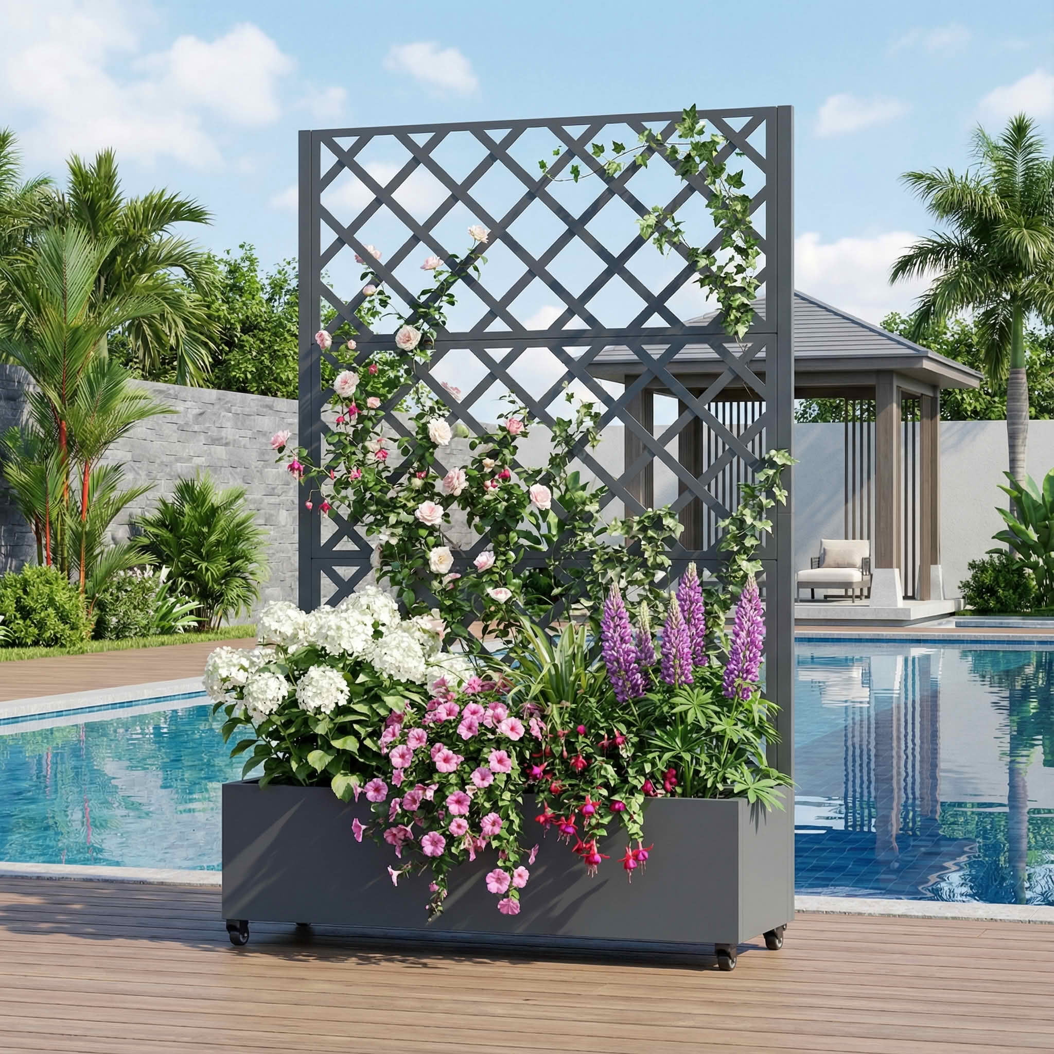 MAYEERTY 72X47" Metal Outdoor Cambrian Gray Privacy Screen with Planter Box for Backyard & Garden, 3 Piece Set