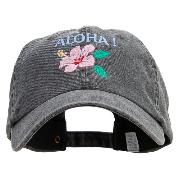 Hawaii Flower Aloha Embroidered Big Size Washed Pigment Dyed Cap - Black XL-3XL