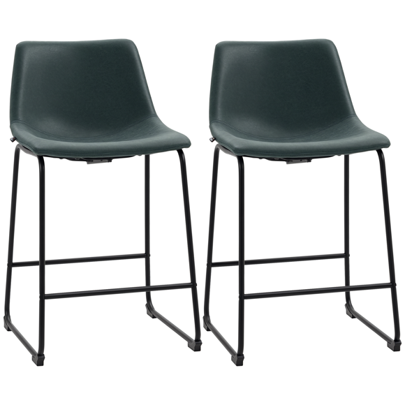 HOMCOM Set of 2 Counter Height Bar Stools, Vintage Dark Green PU Leather Kitchen Stools with Footrest, Steel Legs, 18.5"W x 21.3"D x 34.3"H, for Home Bar & Counter