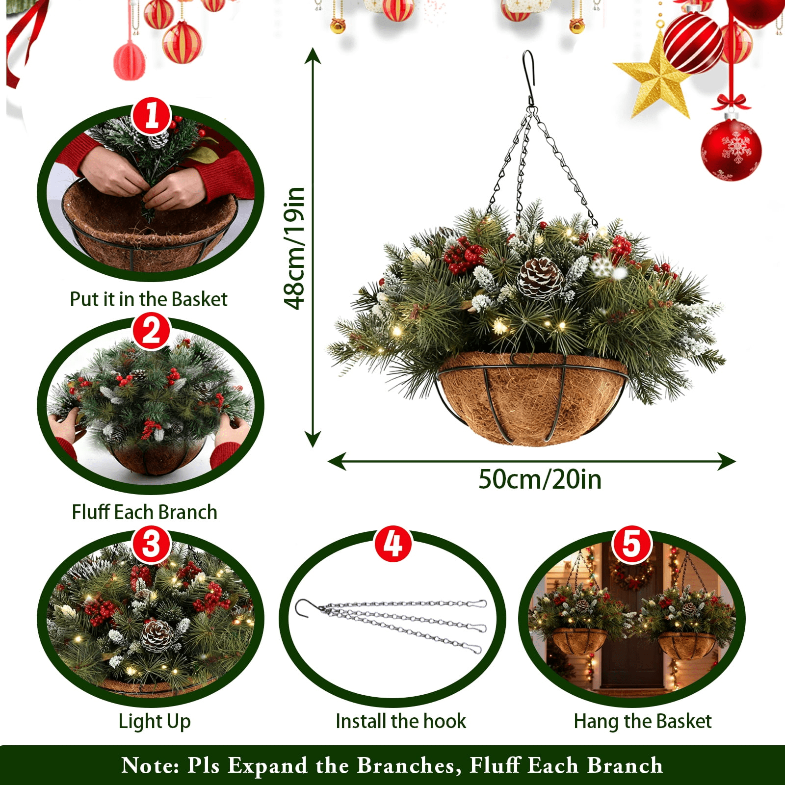 Artificial Christmas Hanging Basket with LED String Lights Christmas Hanging Plant Basket Artificial Flowers with Frosted Pine Needles Pinecones Red Berries Fake Plants Faux Decor for Xmas Decor