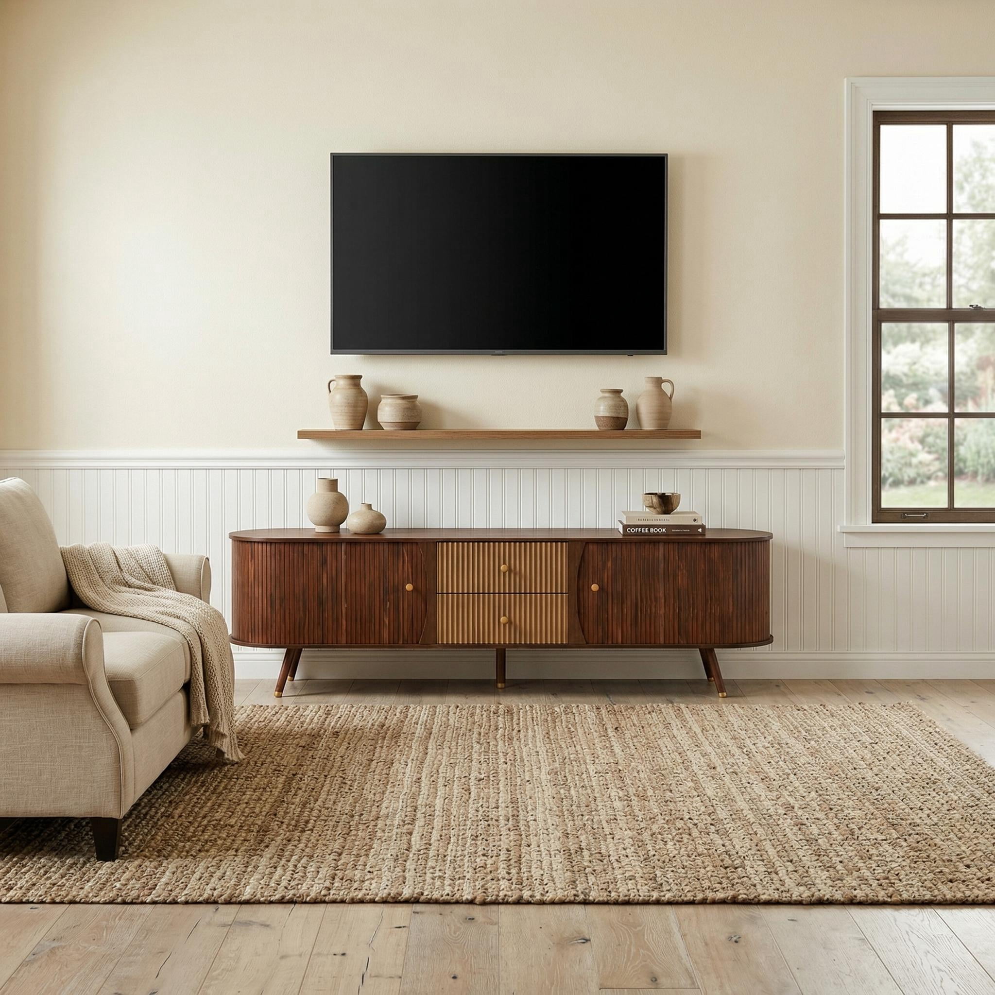 Homy Casa Mid Century Modern TV Stand for TVs up to 80", Fluted Entertainment Center with Tambour Doors and Drawers