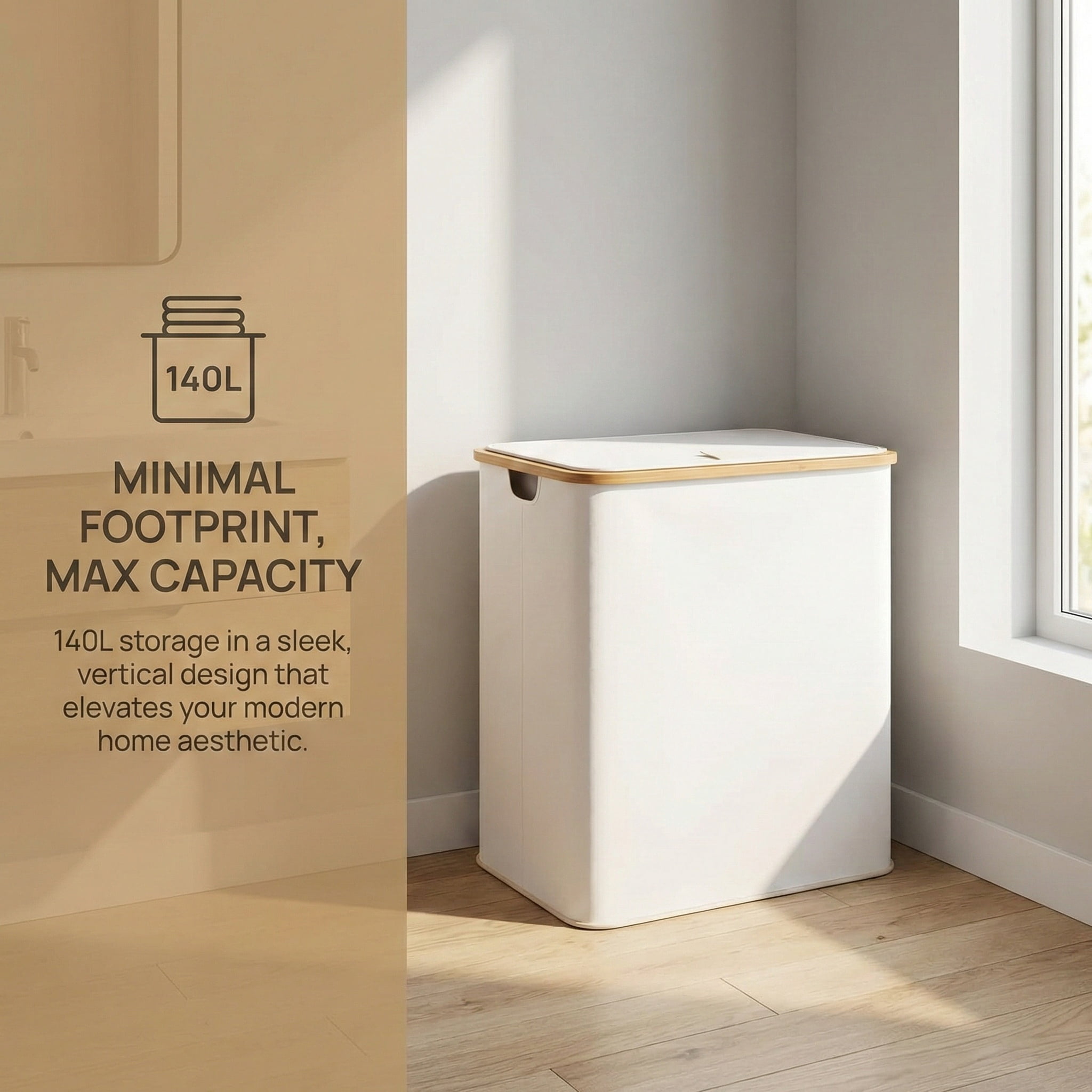 Laundry Hamper with Lid, Double Laundry Hamper with 2 Removable Bags, 2 Section Laundry Basket with Bamboo Handles for Bathroom, Bedroom & Laundry Room, 140L (36.9 Gallon) Beige