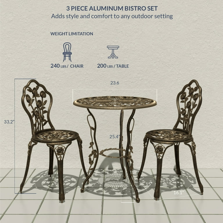 BELLEZE 3 Piece Bronze Cast Bistro Outdoor Patio Set Rose Design Weather  Resistant Round Table 2 Garden Furniture Chair