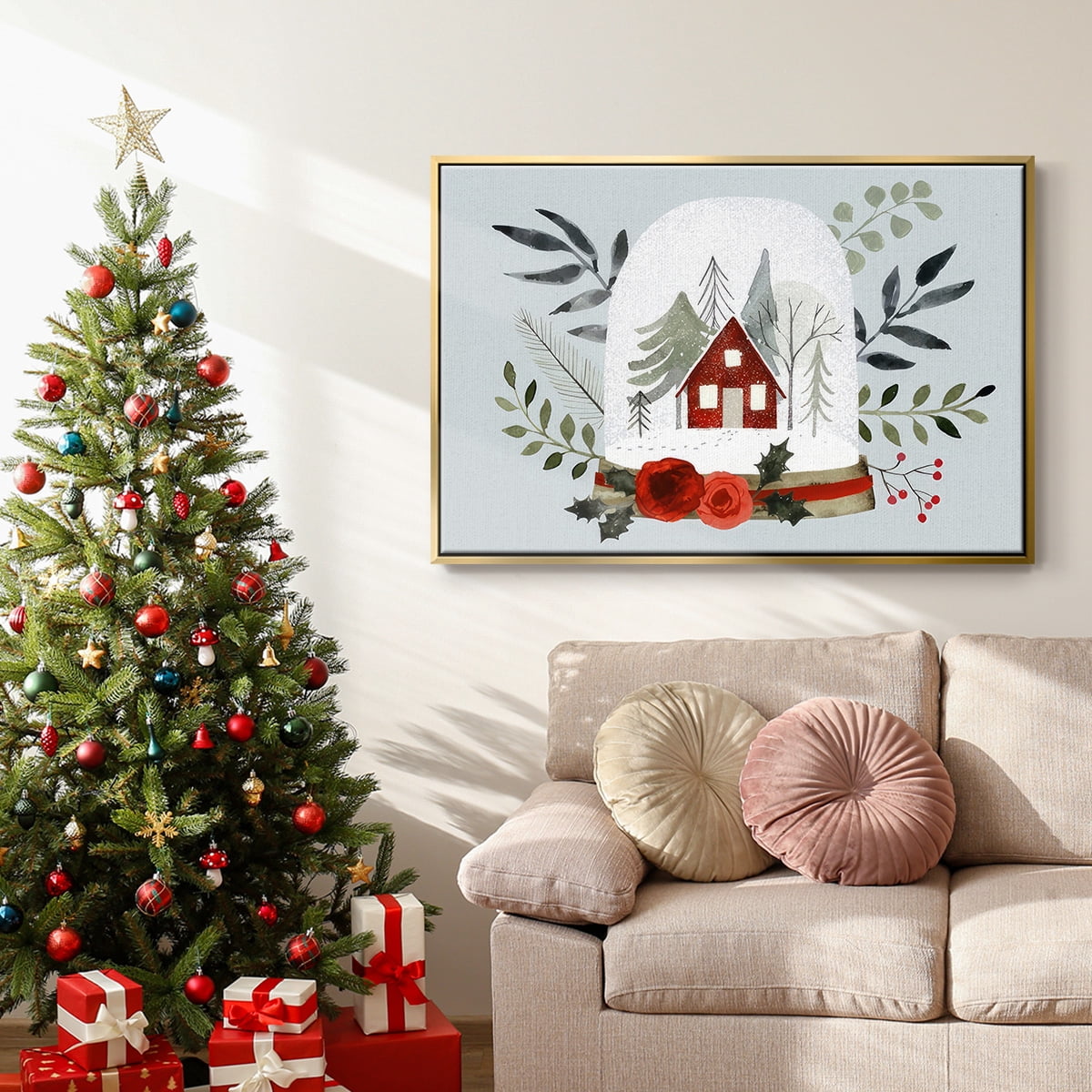 Snow Globe Village Collection A - Framed Gallery Wrapped Holiday Canvas - 17 x 25 - Gold Frame