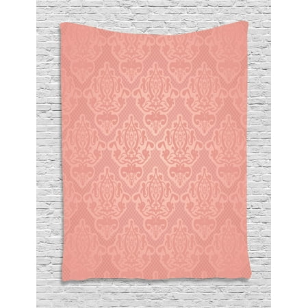 Coral Wall Hanging Peach Tapestry, Lace Style Background with Antique Wedding Inspiration Motifs Ornamental Vintage Design, Wall Hanging for Bedroom Living Room Dorm Decor, Coral, by Ambesonne ()