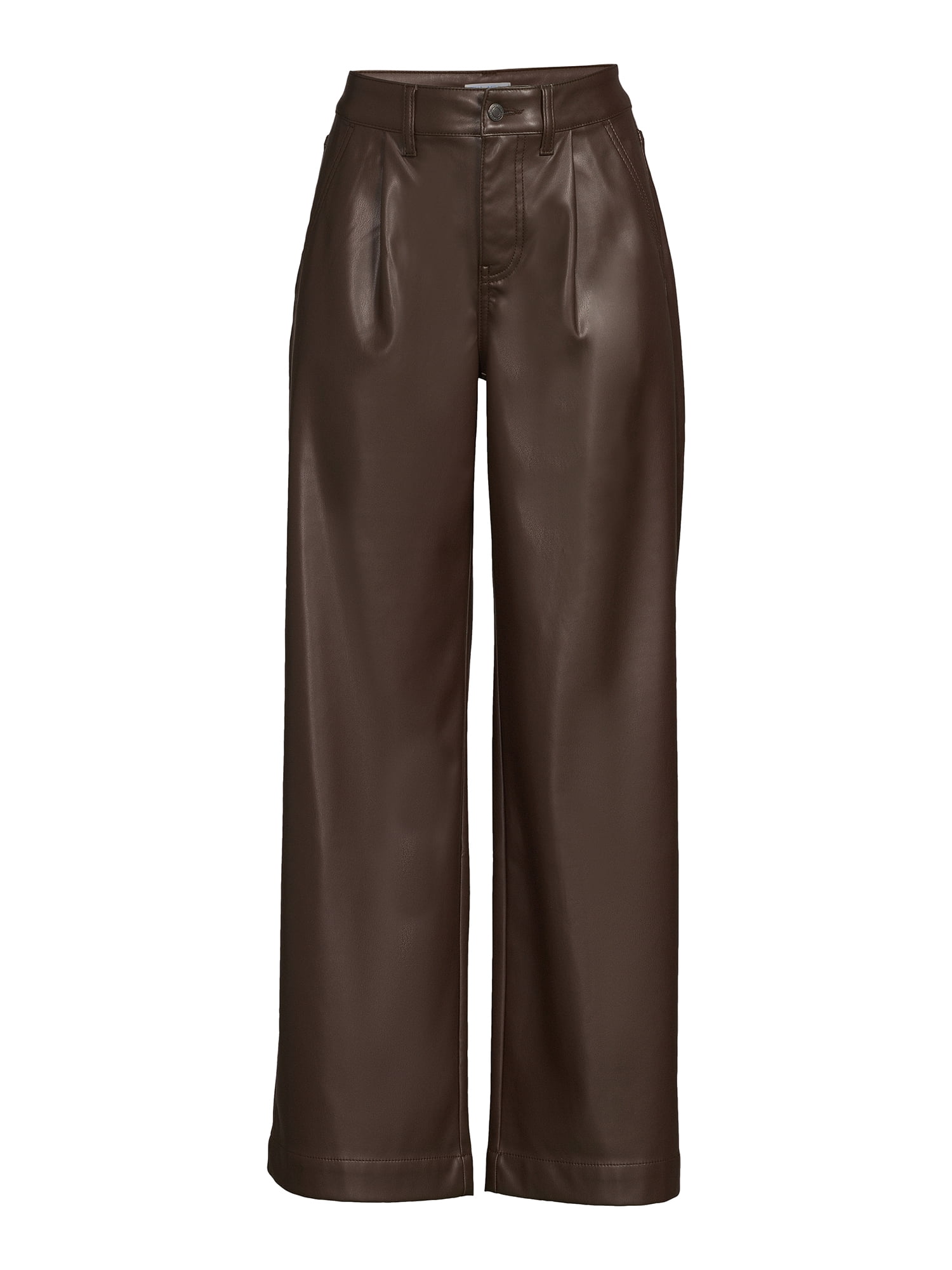 Time and Tru Women's High Rise Faux Leather Wide Leg Trousers – Regular, Short, Long Inseams Available