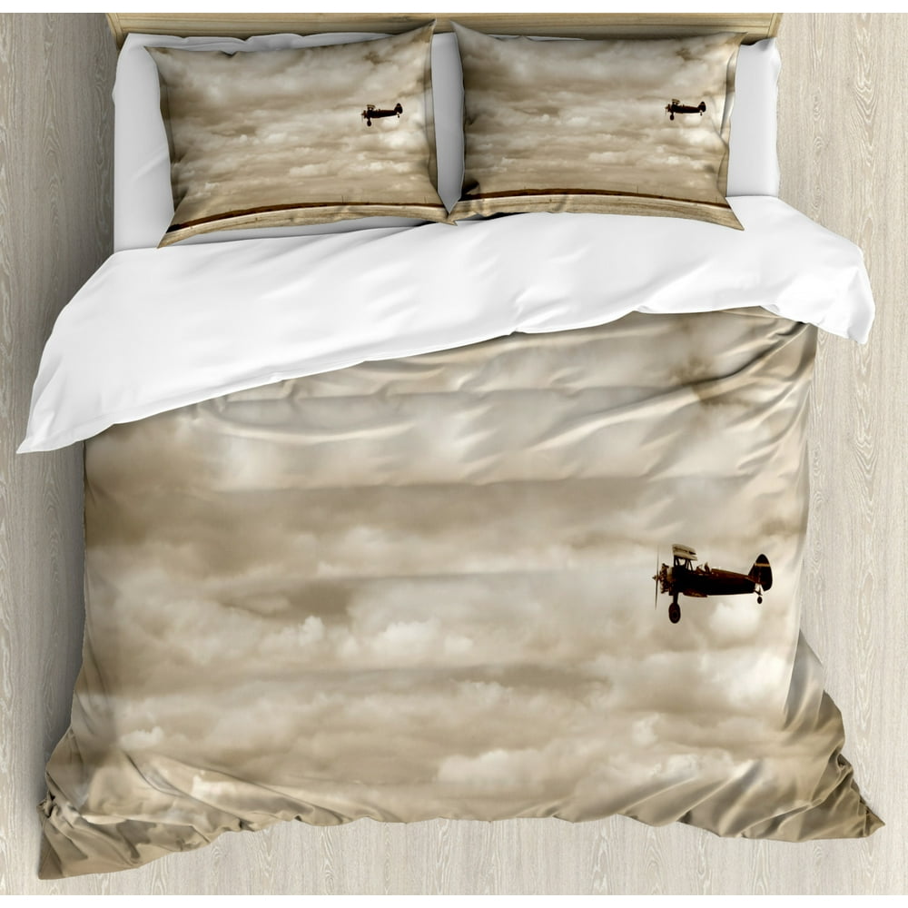 Vintage Airplane Duvet Cover Set Queen Size, Airplane in Dramatic