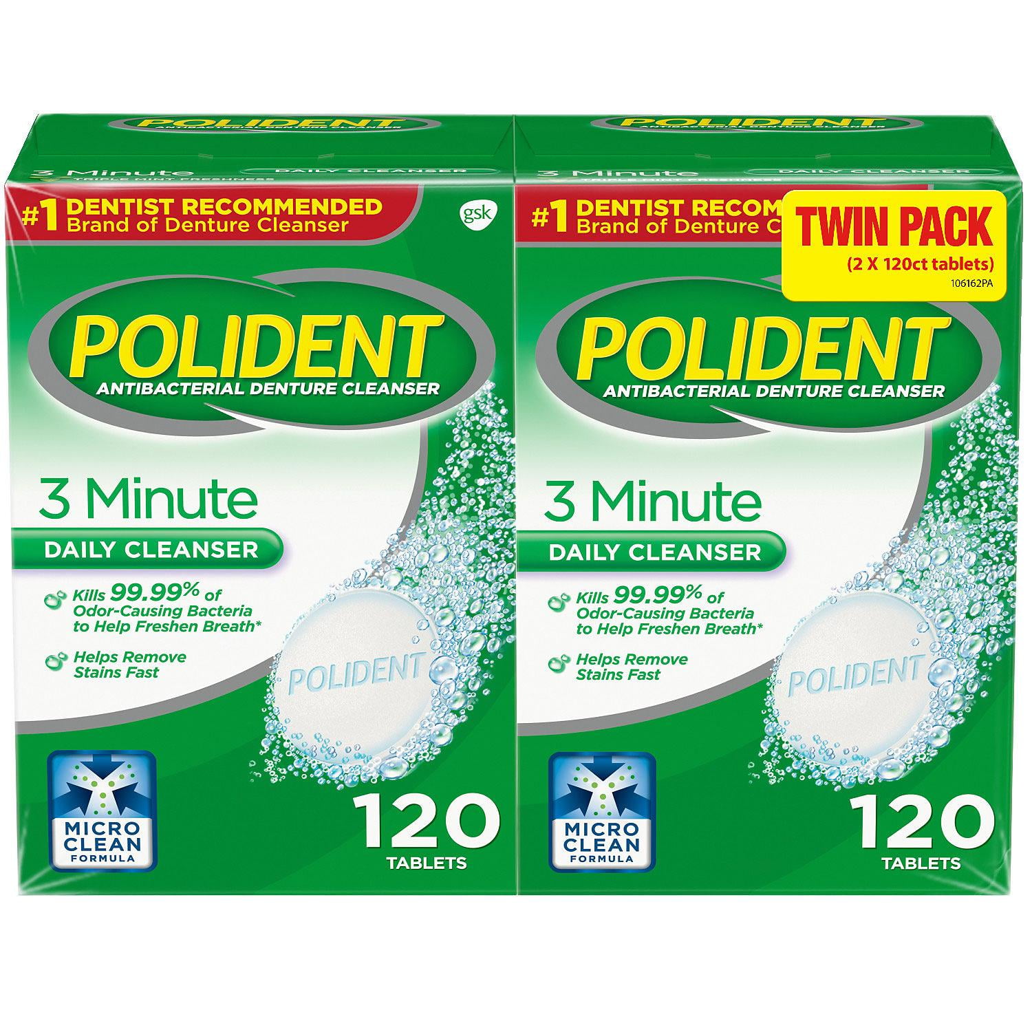 Polident 3 Minute Antibacterial Denture Cleansers Tablets, 120 Count, 2 Pack