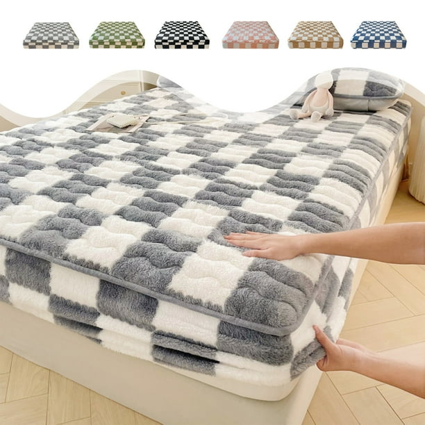 Sábana ajustable acolchada - funda de colchón cálida y transpirable de invierno de 150x200cm (59x79in), sábana protectora antideslizante en gris/azul/verde/caqui/rosa