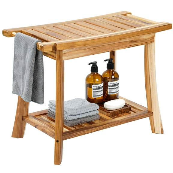 AOPEC 24" Solid Teak Shower Bench with Towel Bar & Storage Shelf - Waterproof Bath Stool with Fixed Non-Slip Feet, 300lbs Capacity, Natural