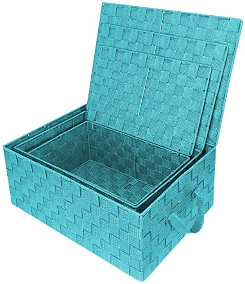 Sorbus Storage Box Woven Basket Bin Container Tote Cube Organizer Set Stackable Storage Basket Woven Strap Shelf Organizer Built-in Carry Handles (Woven Lid Baskets - Aqua)