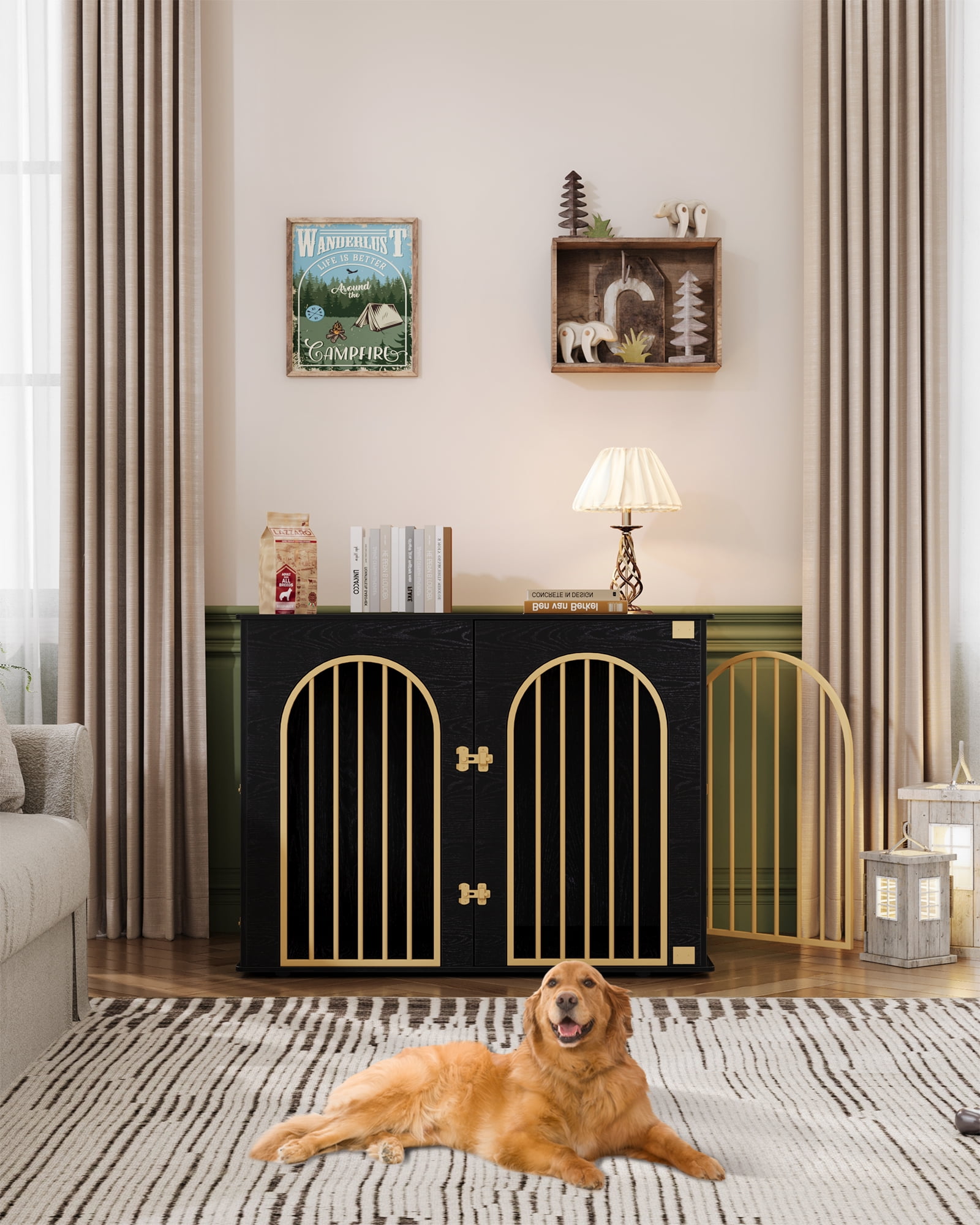 44.1" Dog Crate Furniture, 3 Door Wooden Dog Crate Furniture for Small/Medium/Large Dog,Black Gold