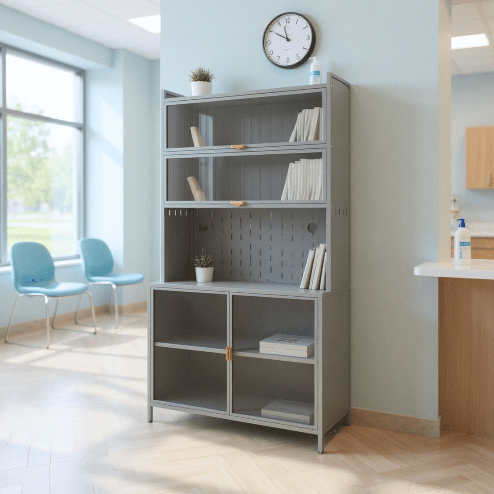 Homy Casa 73" File Cabinet with Glass Doors, for Office Storage and Study Room Organization, Grey