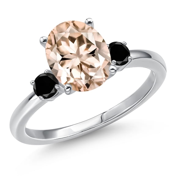 Gem Stone King 14K White Gold Peach Morganite and Black Diamond Engagement Ring for Women | 2.20 Cttw | Oval 10X8MM | Gemstone October Birthstone | Size 7