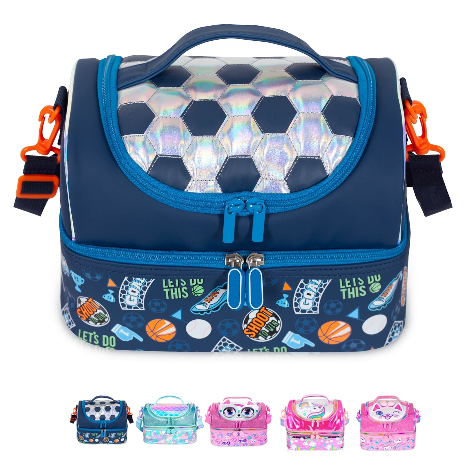 YOYTOO Insulated Lunch Bag, Double Deck Lunch Tote Bag Cooler Box with Adjustable Strap, Soccer