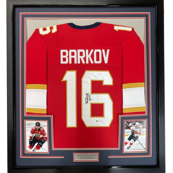 Framed Autographed/Signed Aleksander Barkov 35x39 Florida Red Hockey Jersey Beckett BAS COA