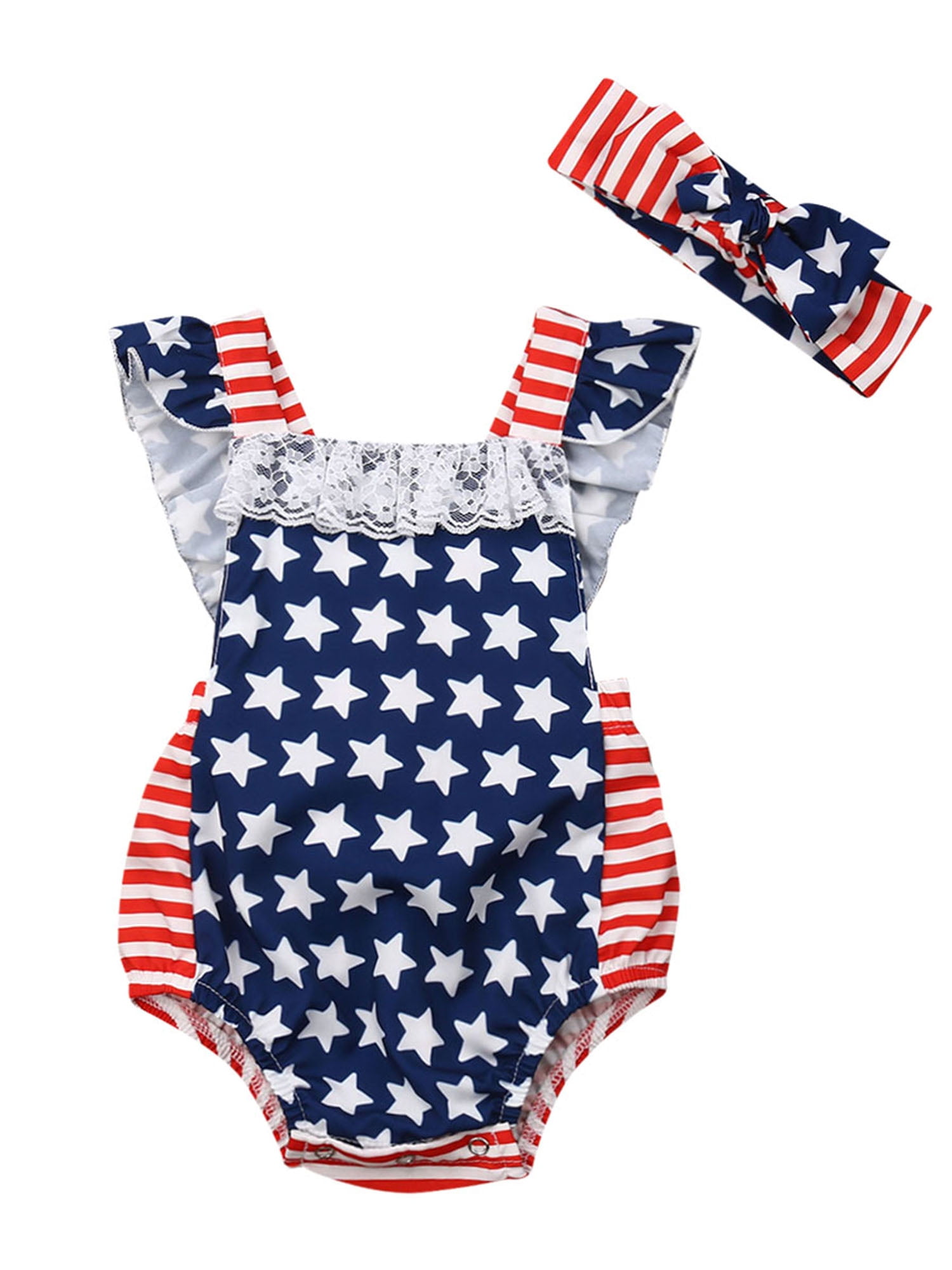 Baby Girls 4th of July Outfits Ruffled Lace Romper American Flag Striped Bodysuit Jumpsuit with Headband Set