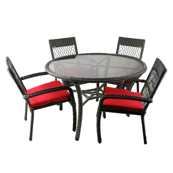 5 Piece Brown and Red Weaved Wicker Outdoor Chair and Dining Table Set