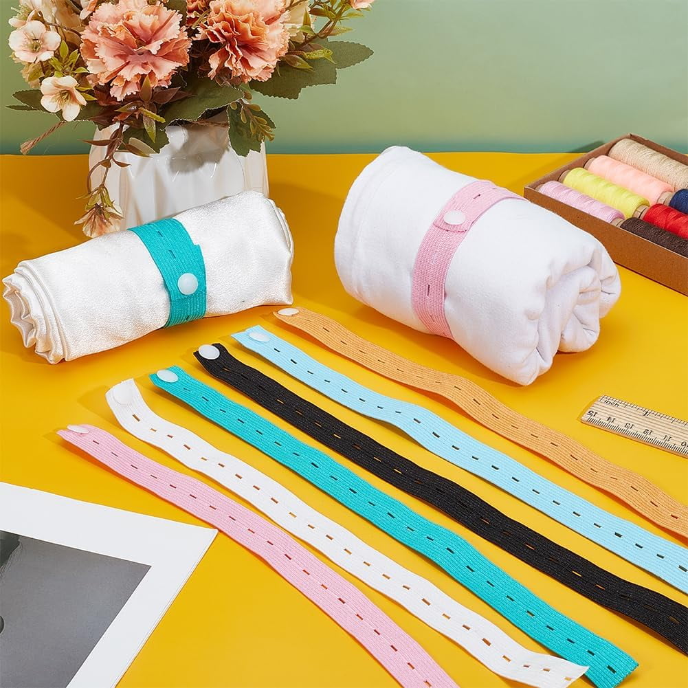 5 set 30pcs Buttonhole Elastic Bands with Plastic Button Adjustable Binding Webbing Tape Flat Mixed color 325~330x19x1mm