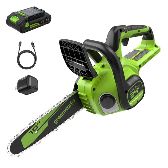 Greenworks 24V 10'' Brushless Chainsaw, 2.0Ah Battery and 30W Type-C Charger with 3-FT Cord Included