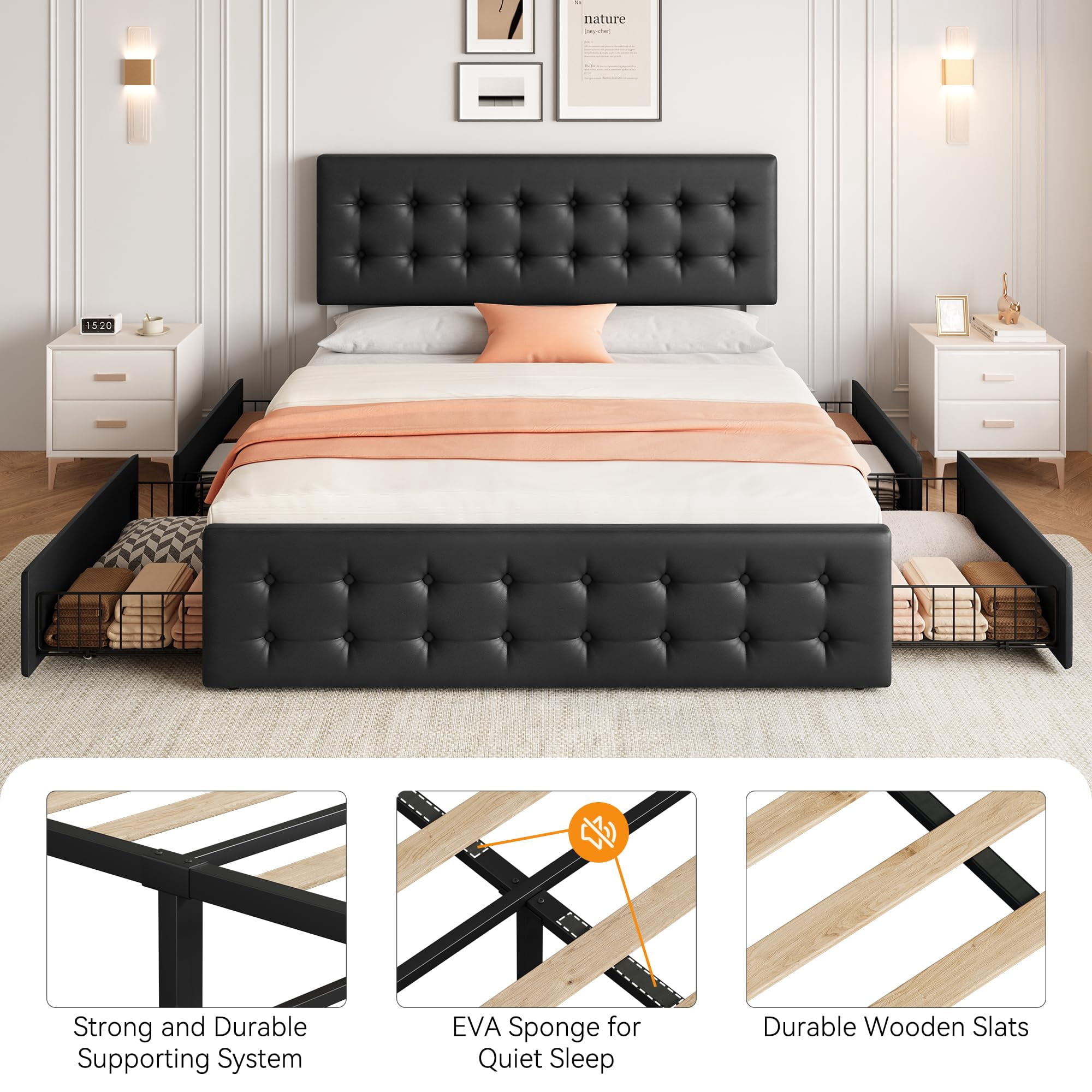 TROPOW King Size Bed Frame,with 4 Storage Drawers and Headboard, Linen Upholstered Platform Bed Frame with Wooden Slats Support, Button Tufted Design, No Box Spring Needed,Black