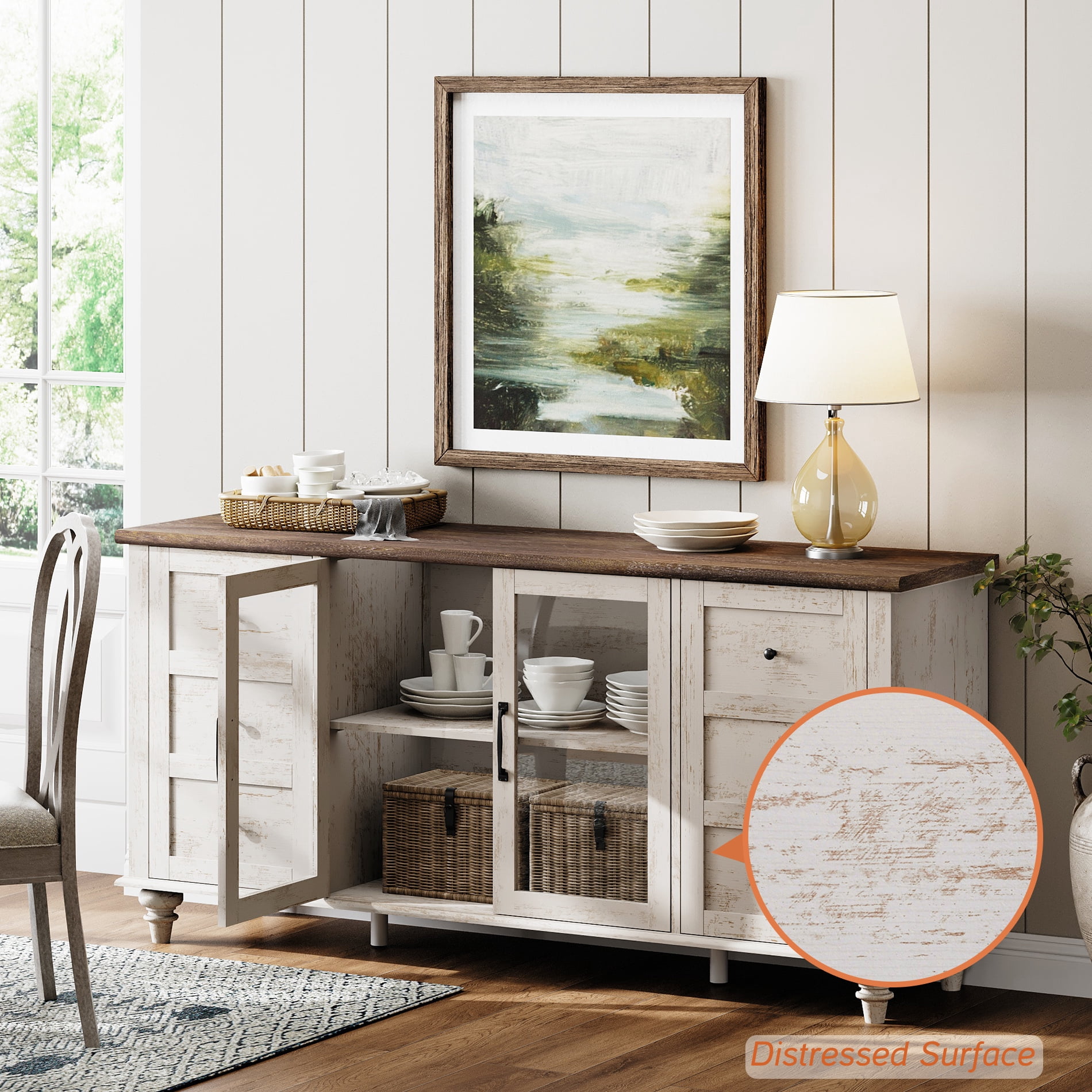 TV Stand with Glass Door for 65 Inch TV, Wooden Television Stands for Living Room, Antique White