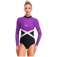 thumbnail image 4 of Hansber Women Rhythmic Gymnastic Leotard Sequin Figure Bodysuit Cutout Back Ballerina Dance Outfits Purple M, 4 of 6
