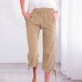 thumbnail image 5 of QATAINLAV Linen Capris Pants for Women Summer Casual Loose Drawstring Elastic High Waist Straight Cropped Trousers with Pockets Beach Clothes Khaki S, 5 of 6
