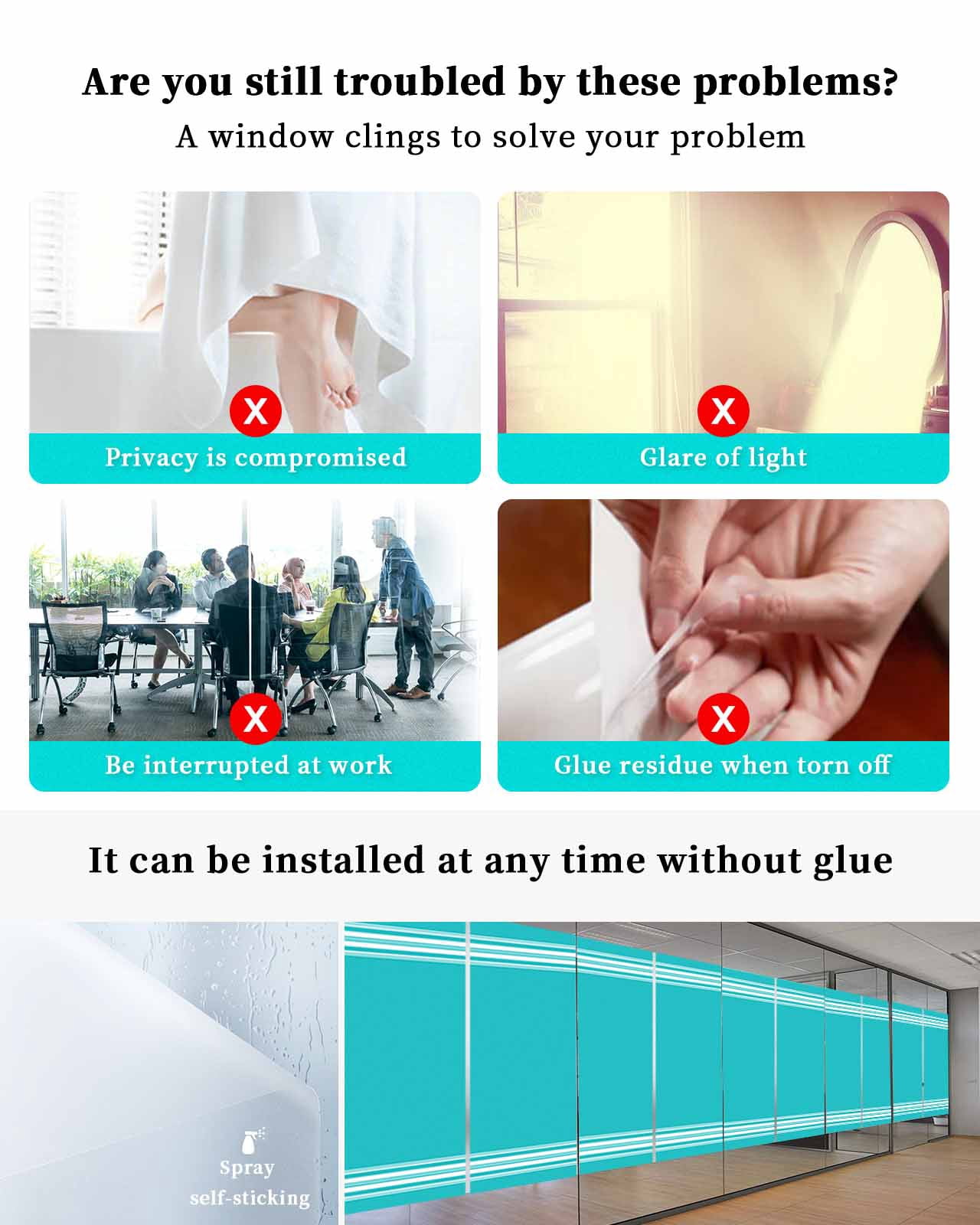 Window Privacy Film, Bluish Green Stripes UV Sun Blocking Window Tint Film Heat Control One Way Blackout Window Film, Farmhouse Modern Vertical Lines Non Adhesive Static Cling Sticker 35.4x78.7 In