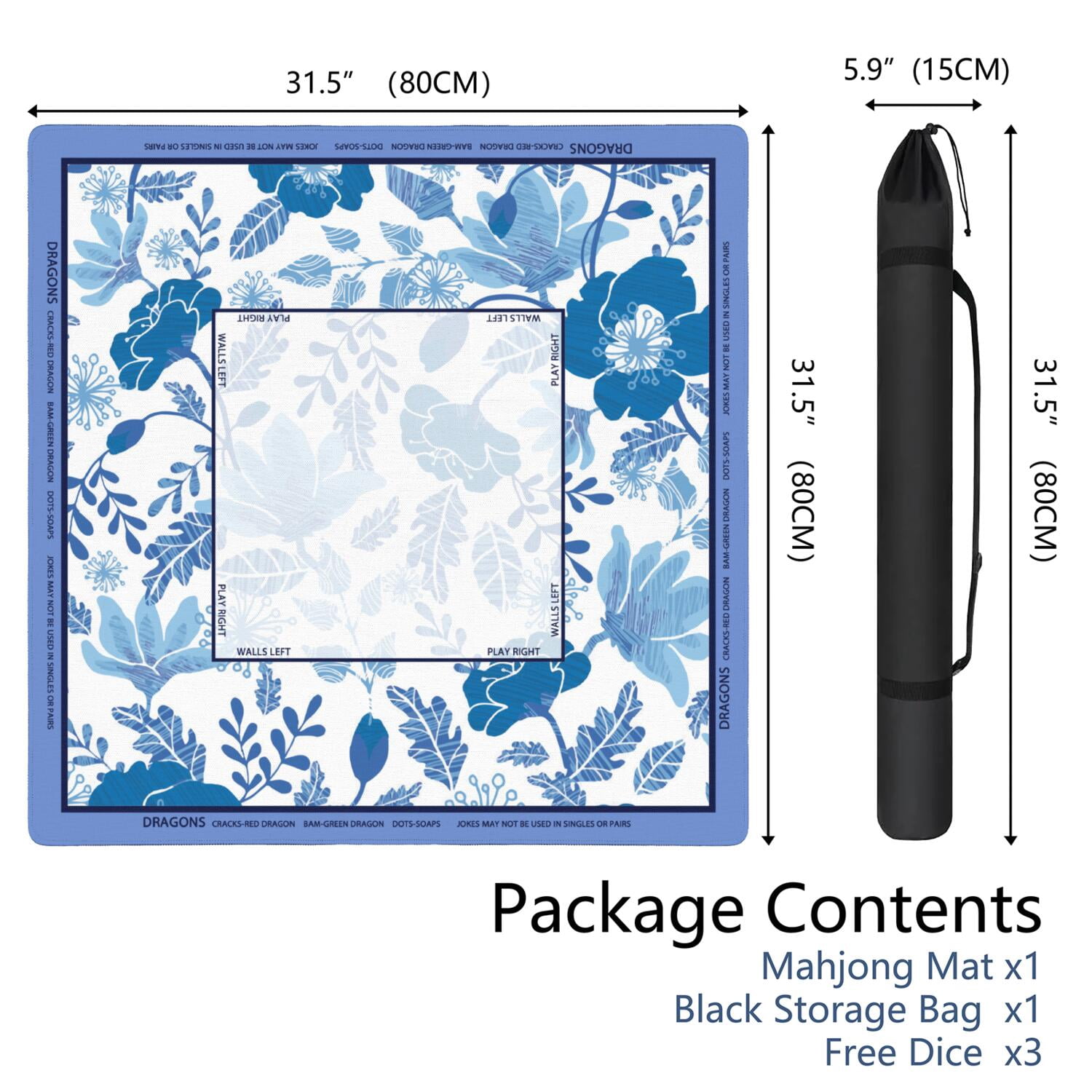 Floral Mahjong Mat with Rules, 31.5*31.5in Anti Slip American Mahjong Mat for Table, Noise Reduction, Neoprene Mah jongg Mats with Carrying Bag & 3 Dices, Mahjong Set Gift, Board Tile Games Mats