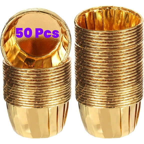 LQQBOX 50 Pcs Gold Cupcake Liners Disposable Foil Muffin Cups Wrappers for Baking Aluminum Paper Mini Metallic Disposable Holiday Party Wedding Festival Supply