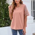 thumbnail image 3 of Camiseta de manga corta de encaje para mujer Blusa elegante de cuello redondo de color puro a la moda para citas Rosa M, 3 of 6