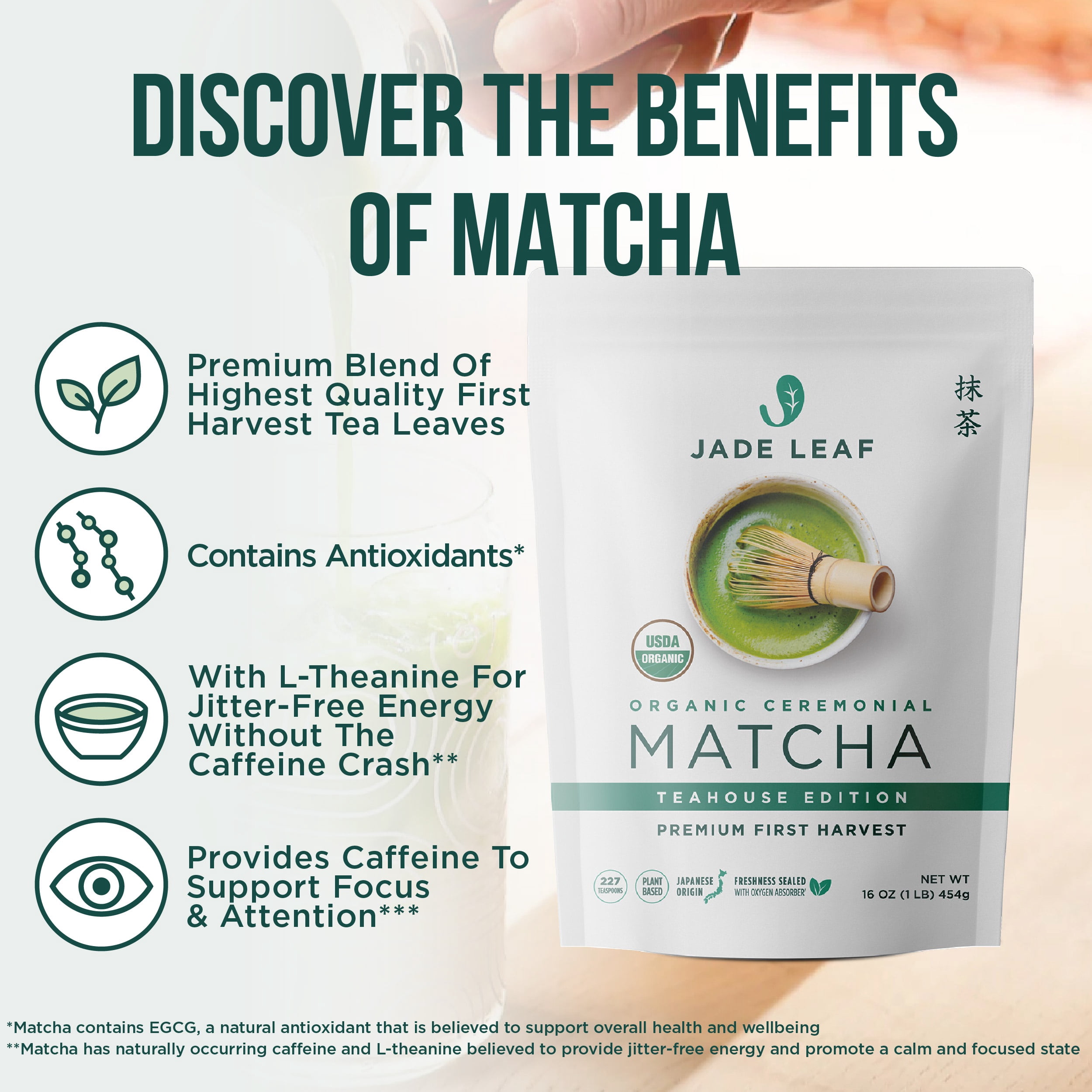 Jade Leaf Organic Ceremonial Grade Matcha Powder, Teahouse Edition, 16 oz Pouch