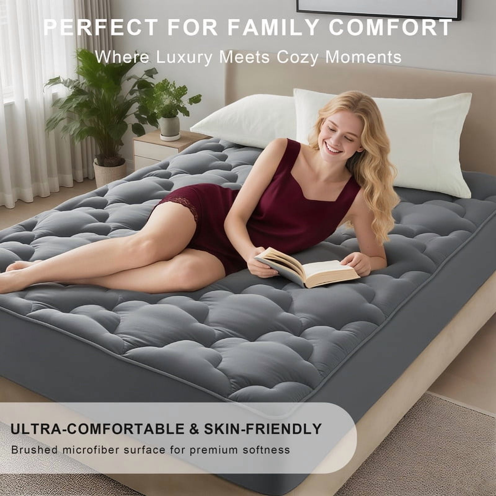 Cooling Full Size Mattress Topper, Extra Thick Quilted Pillow Top Pad & Mattress Protector for Back Pain, Breathable Bed Topper Gray Deep Pocket Cover, Fits Full Size Mattress Protector