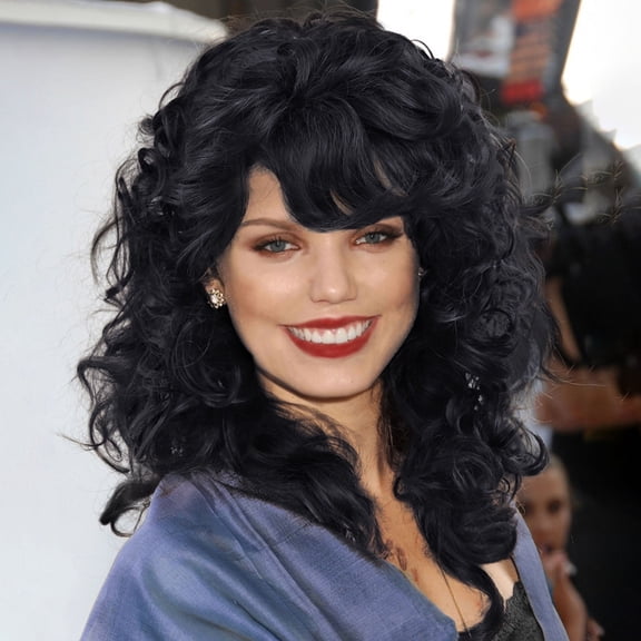 Big Hair Wigs 80s Women Jet Black Curly Loose Hairstyle Shoulder Length Wig with Bagns in Synthetic Fiber
