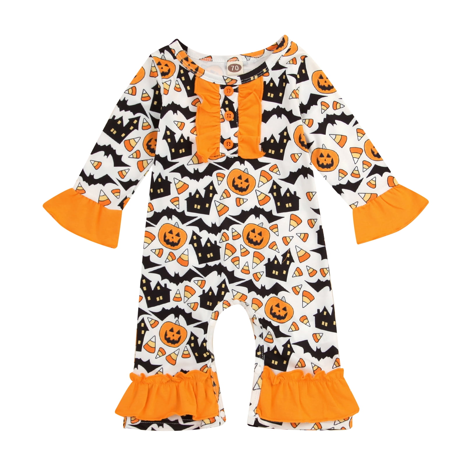 Meihuida Baby Girl Boy Halloween Romper Pumpkin Print Round Neck Long Sleeve Flared Jumpsuit for
