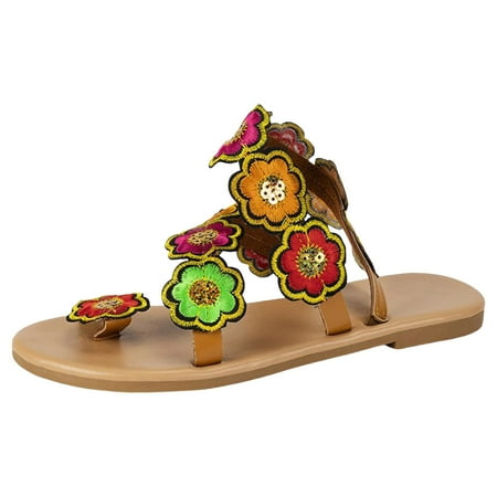 

YUHAOTIN Female Beige Sandals for Women Summer Ethnic Style Colorful Flower Flat Shoes for Women Large Size Shoes Recovery Sandals Women Navy Sandals for Women