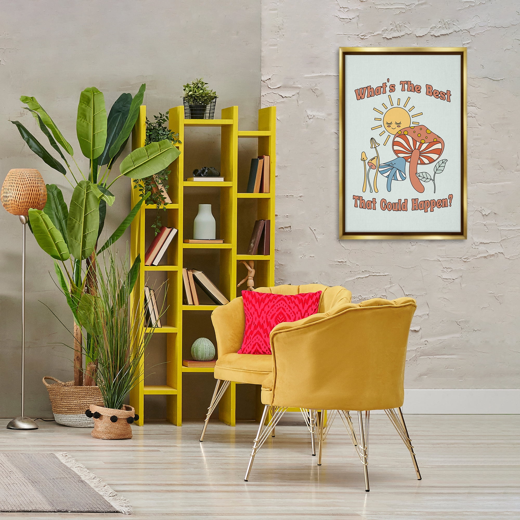 Stupell Industries Positivity Vibes with Mushrooms Plants & Flowers Painting Gold Floater Framed Canvas Art Print Wall Art, 21 x 31
