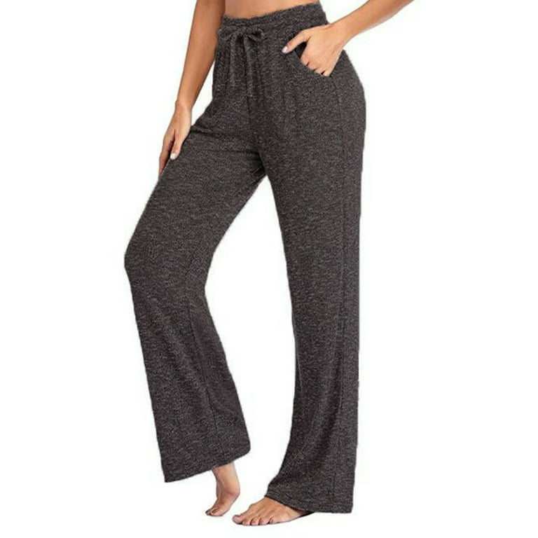 Womens Wide Leg Pajama Bottoms Drawstring Plus Size Lounge Pants Long  Sleepwear Pyjamas Pjs Pants with Pockets black XL 