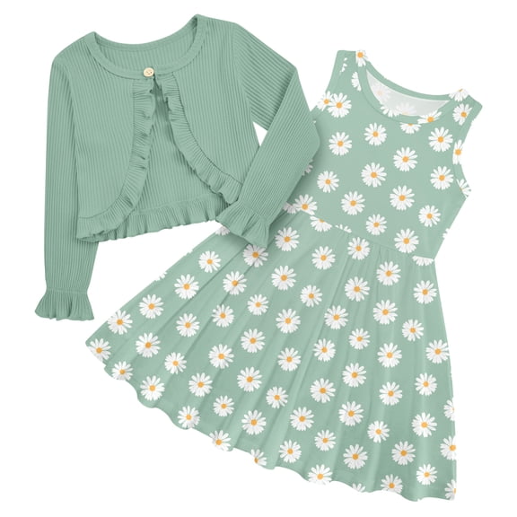 Aideaone Toddler Girls Dresses Sleeveless Dress with Long Sleeve Ruffle Cardigan 2 Piece Fall Outfit Set 2T-60T