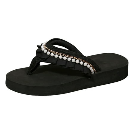 

Ladies Casual Pearl Bohemian Wind Outside Wear Beach Thick Bottom Flat Bottom Large Size Slope With Sandals Slippers